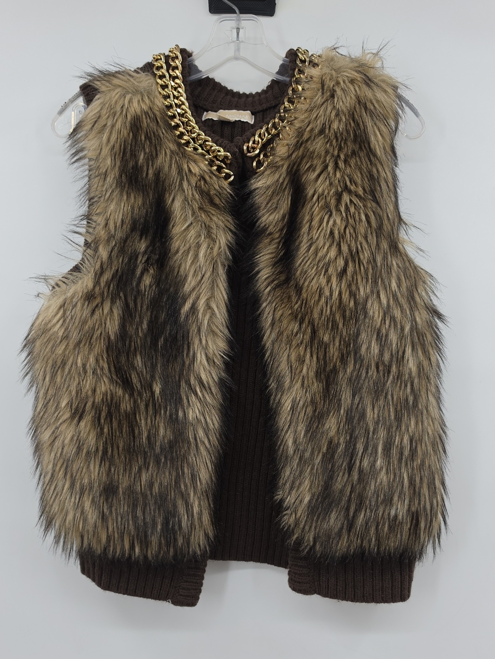 Michael Kors Faux Fur Brown & Tan Vest with Gold Chain Trim Women’s Vest Size M